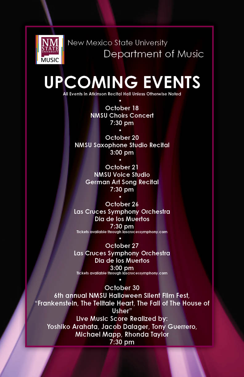 The NMSU Music Department invites the public to a series of free concerts featuring jazz, clarinet, the NMSU Philharmonic and more at NMSU Atkinson Recital Hall.  